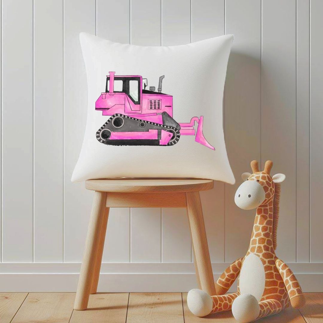 Personalized Pink Bulldozer Kids Pillow - MerikaArt