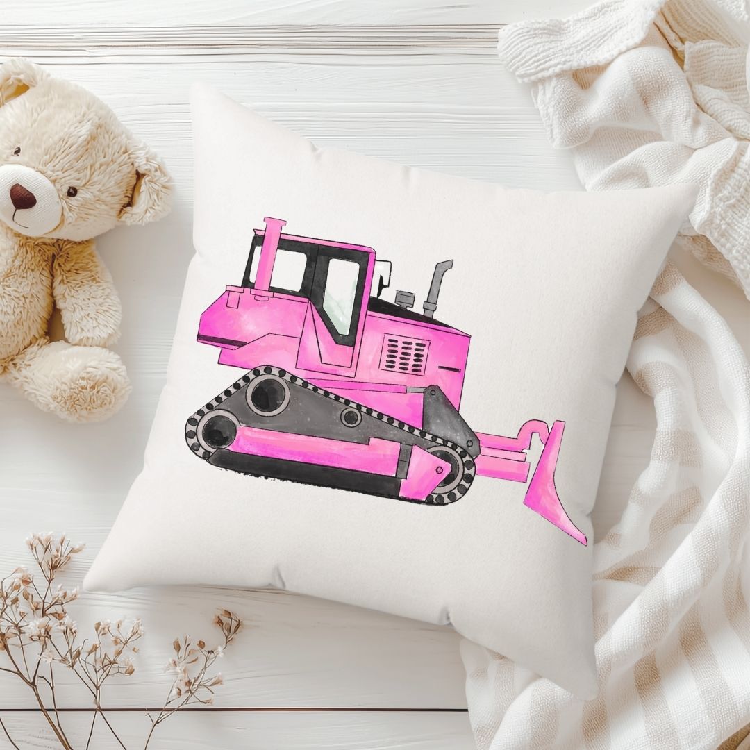 Personalized Pink Bulldozer Kids Pillow - MerikaArt