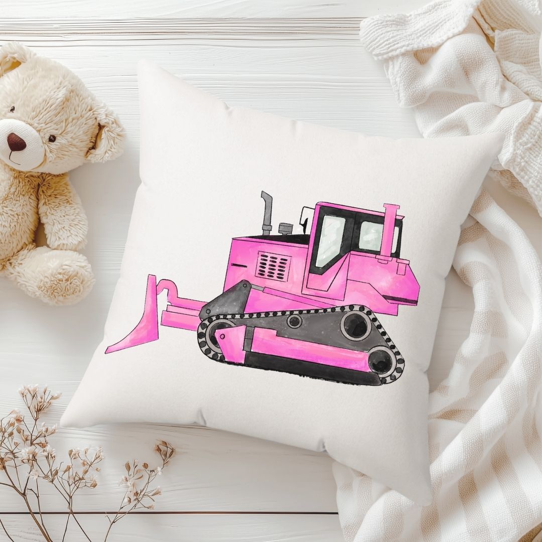 Personalized Pink Bulldozer Kids Pillow - MerikaArt