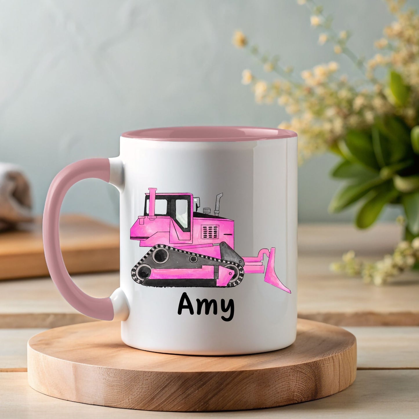 Personalized Pink Bulldozer Mug - MerikaArt