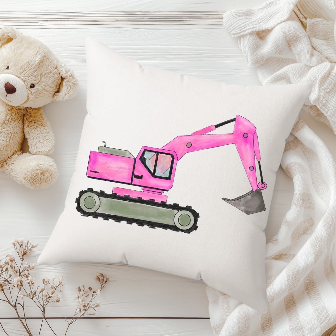 Personalized Pink Excavator Kids Pillow - MerikaArt