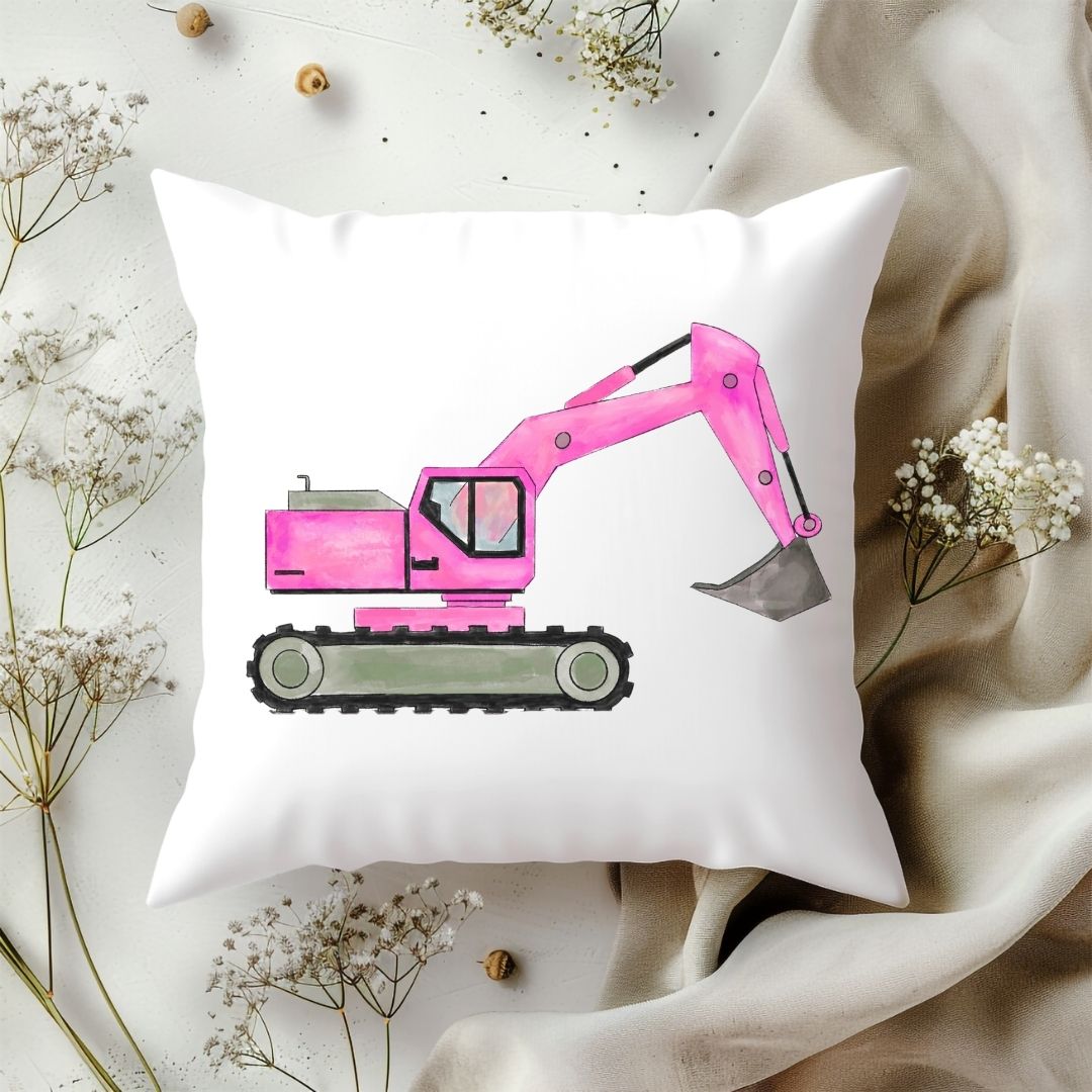 Personalized Pink Excavator Kids Pillow - MerikaArt