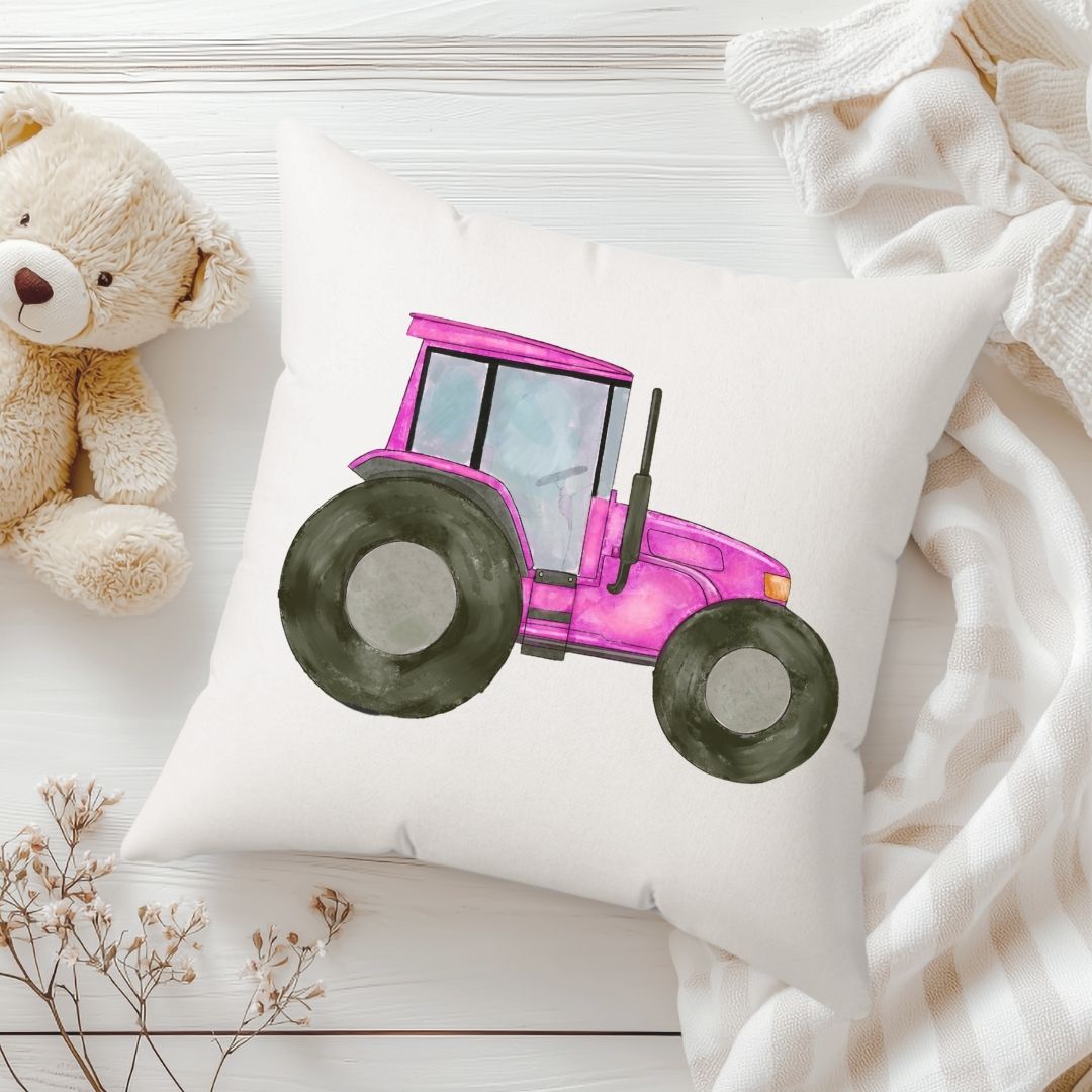 Personalized Pink Tractor Kids Pillow - MerikaArt