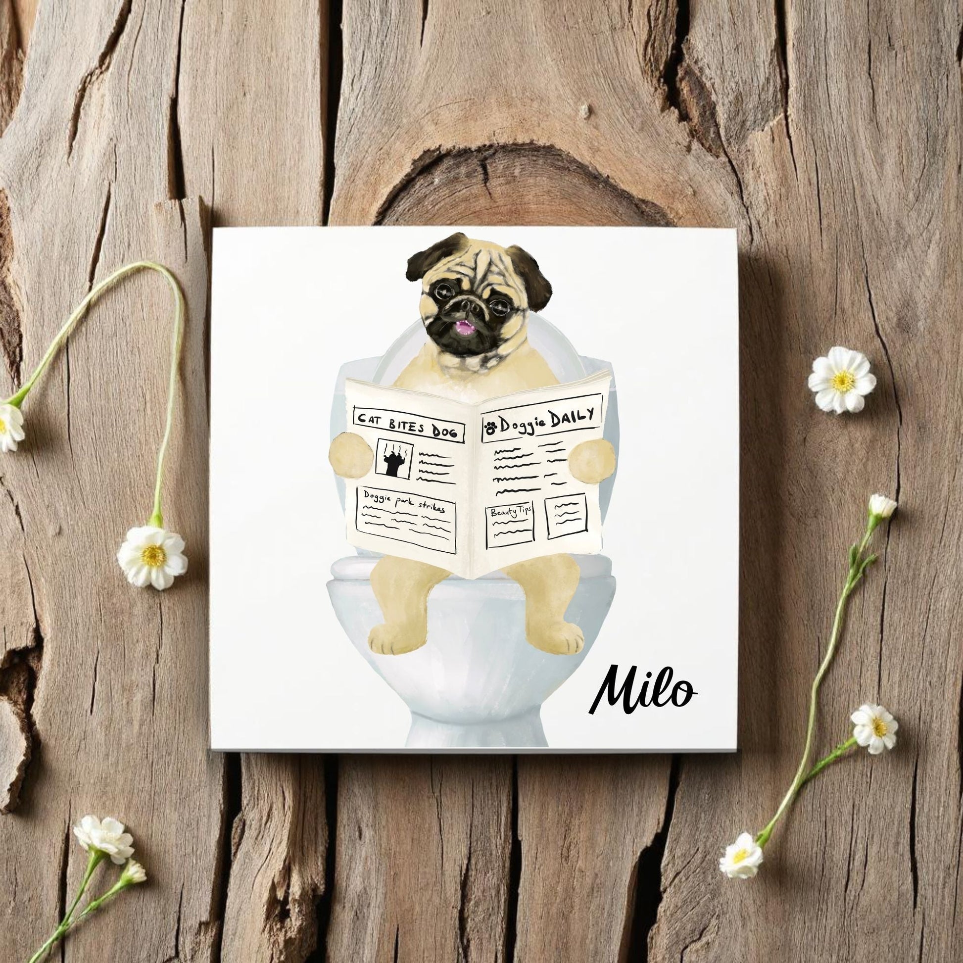 Personalized Pug Dog Reading Newspaper Bathroom Ceramic Tile - MerikaArt
