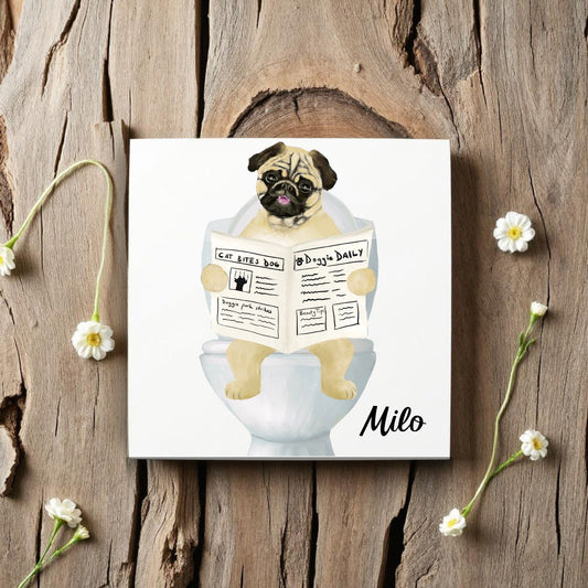 Personalized Pug Dog Reading Newspaper Bathroom Ceramic Tile - MerikaArt