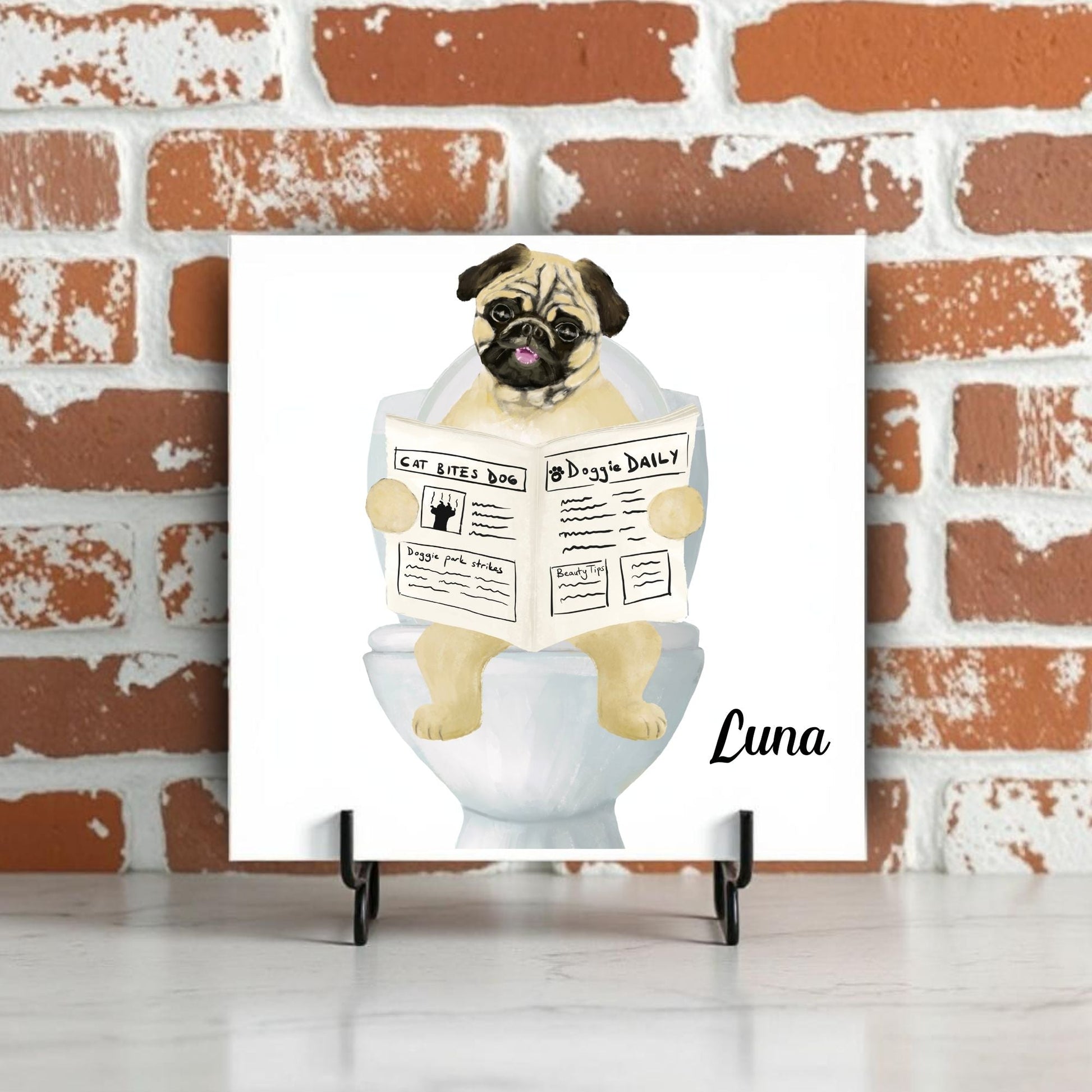 Personalized Pug Dog Reading Newspaper Bathroom Ceramic Tile - MerikaArt