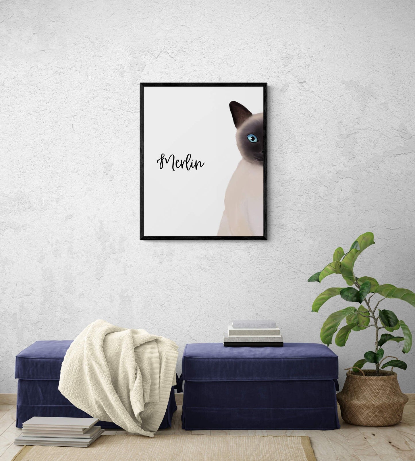 Personalized Siamese Cat Peeking Wall Art, Cute Cat Art Print, Siamese Kitten Painting, Cat Portrait, Cat Memorial, Cat Lover Gift - MerikaArt