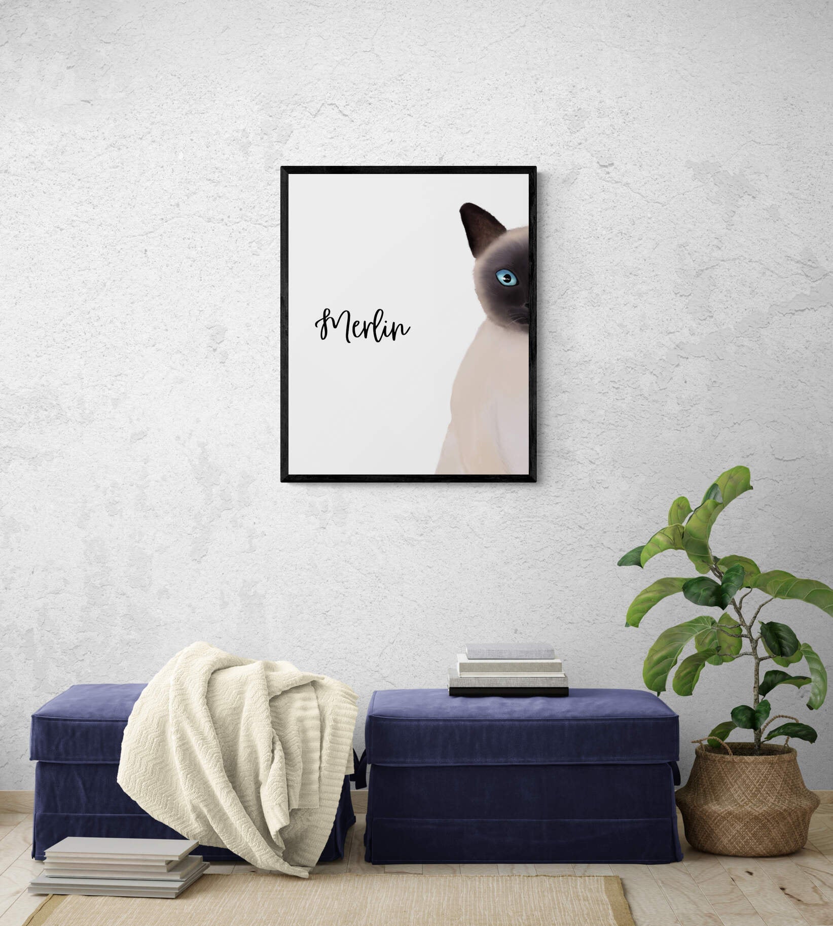 Personalized Siamese Cat Peeking Wall Art, Cute Cat Art Print, Siamese Kitten Painting, Cat Portrait, Cat Memorial, Cat Lover Gift - MerikaArt