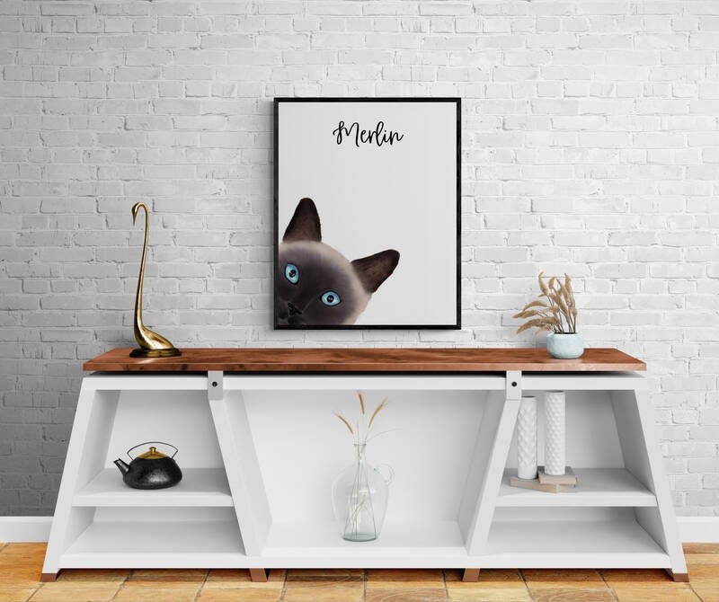 Personalized Siamese Cat Peeking Wall Art, Cute Cat Art Print, Siamese Kitten Painting, Cat Portrait, Cat Memorial, Cat Lover Gift - MerikaArt