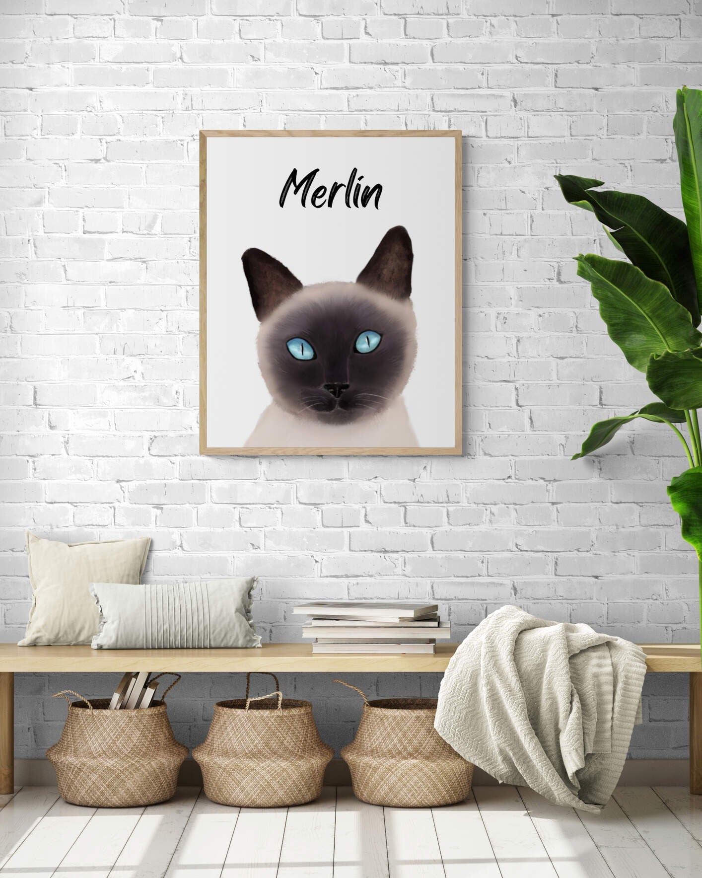 Personalized Siamese Cat Portrait, Customized Cat Name Print, Pet Painting, Siamese Cat With Blue Eyes, Animal Memorial, Cat Lover Gift - MerikaArt