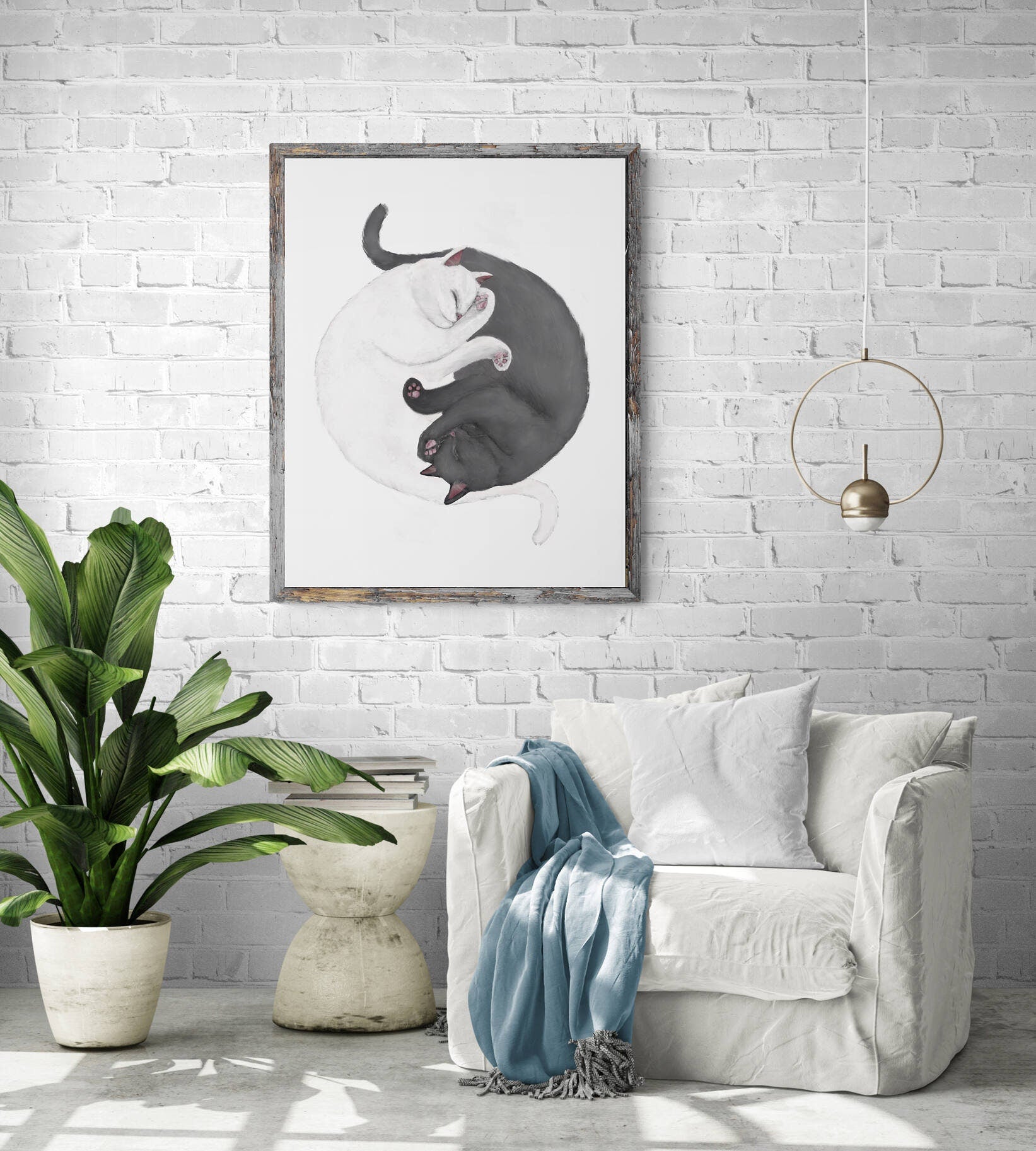 Personalized Sleeping Gray And White Cat Print, Custom Cuddling Cats, Cat Illustration, Home Decor, Lazy Cat Painting, Pet Loss Gift - MerikaArt