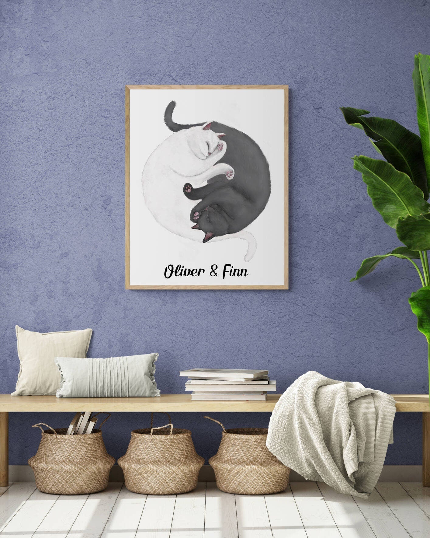 Personalized Sleeping Gray And White Cat Print, Custom Cuddling Cats, Cat Illustration, Home Decor, Lazy Cat Painting, Pet Loss Gift - MerikaArt