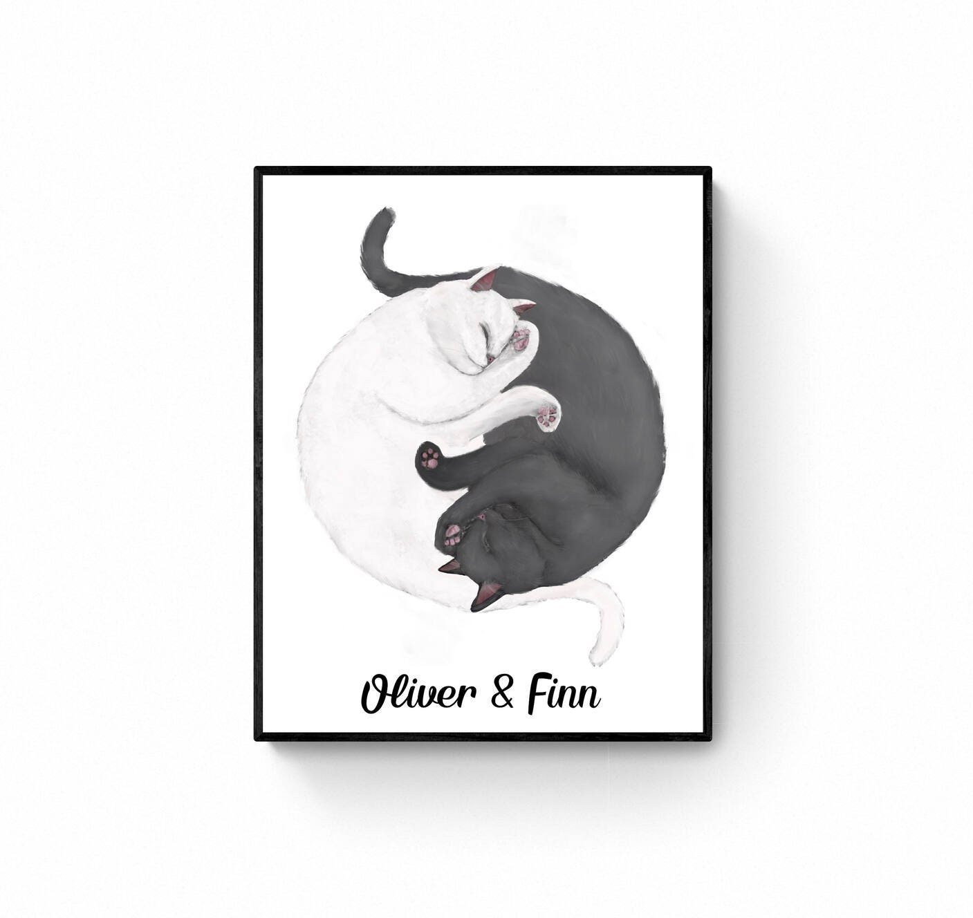 Personalized Sleeping Gray And White Cat Print, Custom Cuddling Cats, Cat Illustration, Home Decor, Lazy Cat Painting, Pet Loss Gift - MerikaArt