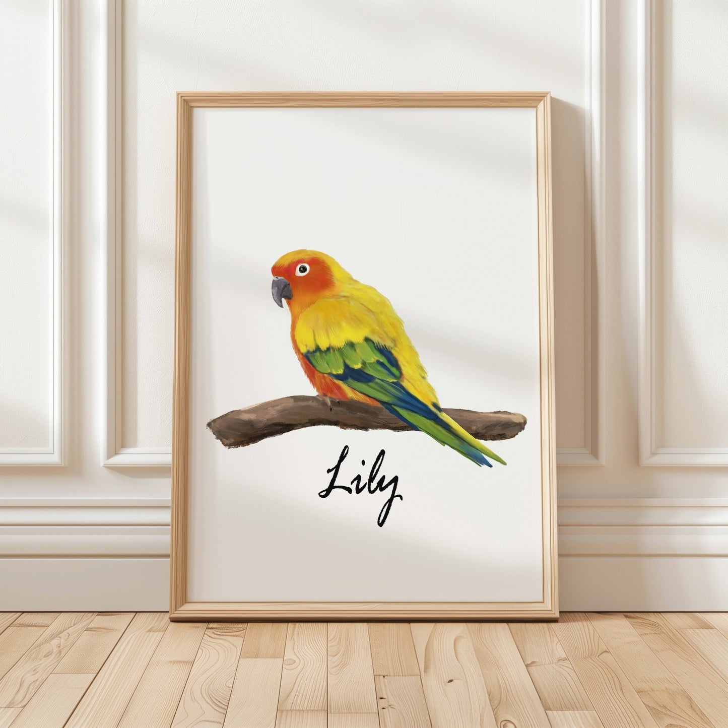 Personalized Sun Conure Wall Art Print – Sun Parakeet Parrot Illustration for Bird Lovers - MerikaArt