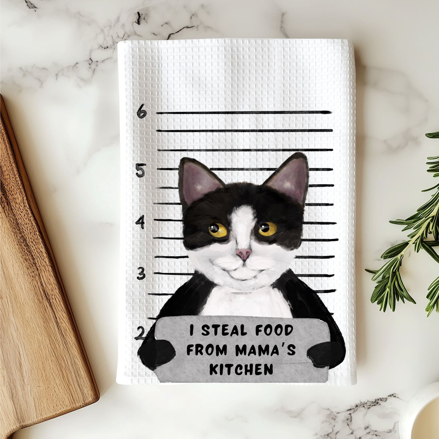 Personalized Tuxedo Cat Mugshot Kitchen Towel - MerikaArt