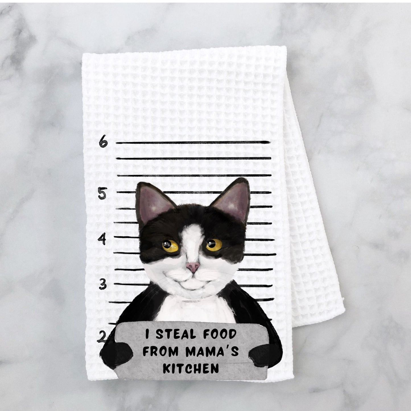 Personalized Tuxedo Cat Mugshot Kitchen Towel - MerikaArt