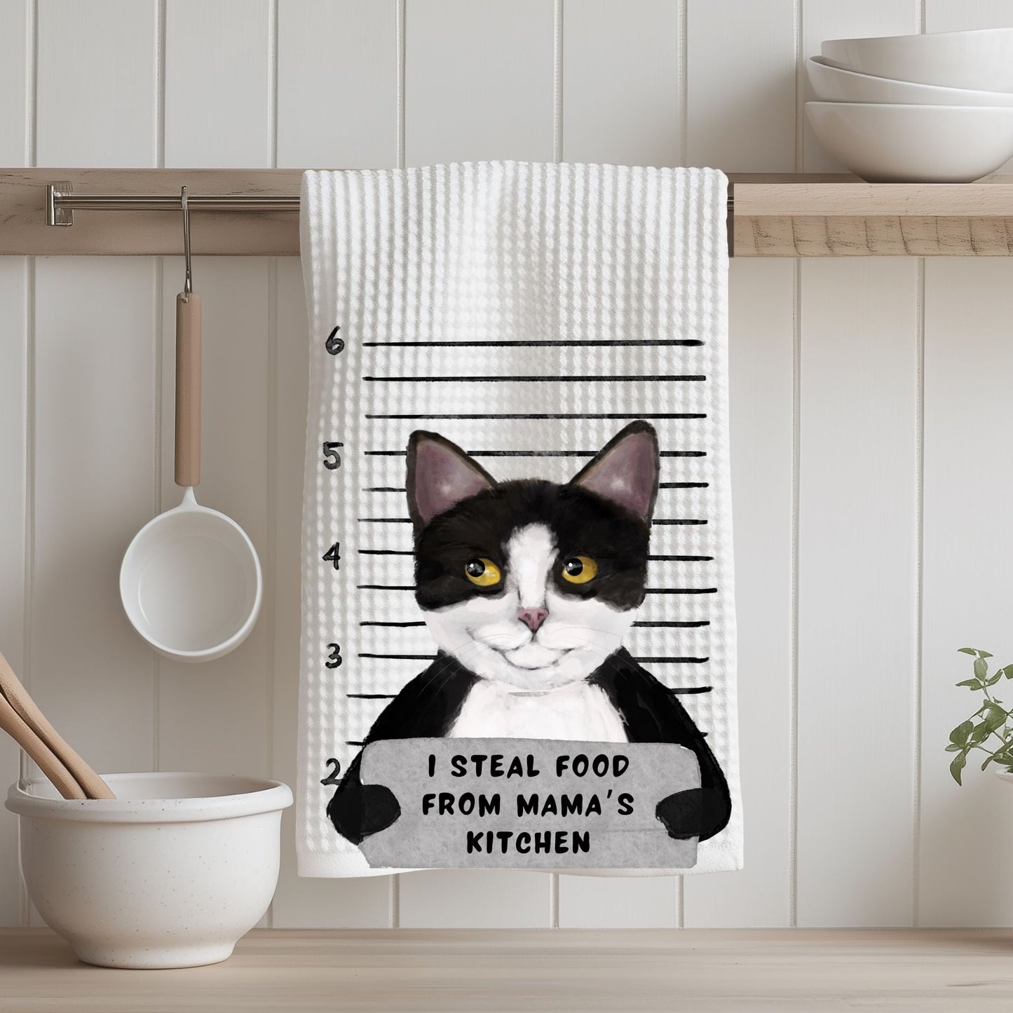 Personalized Tuxedo Cat Mugshot Kitchen Towel - MerikaArt