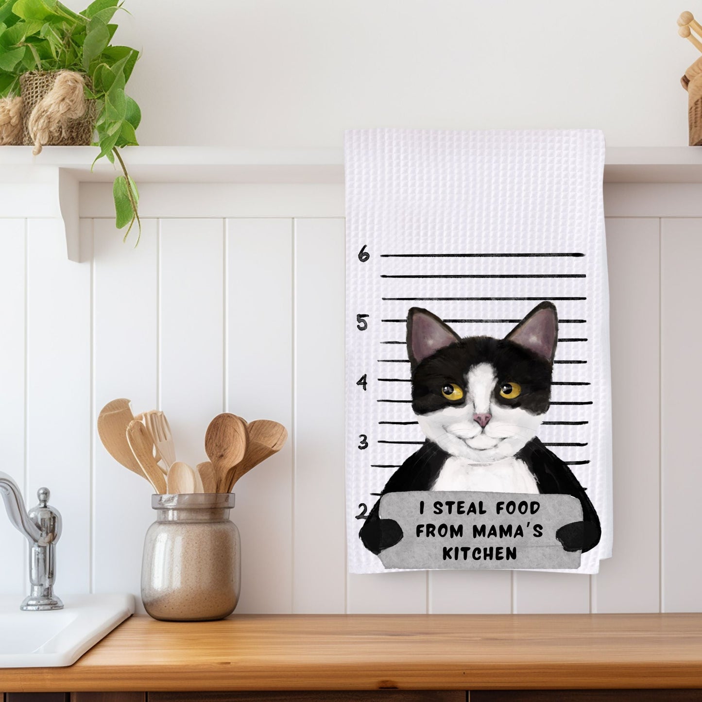 Personalized Tuxedo Cat Mugshot Kitchen Towel - MerikaArt