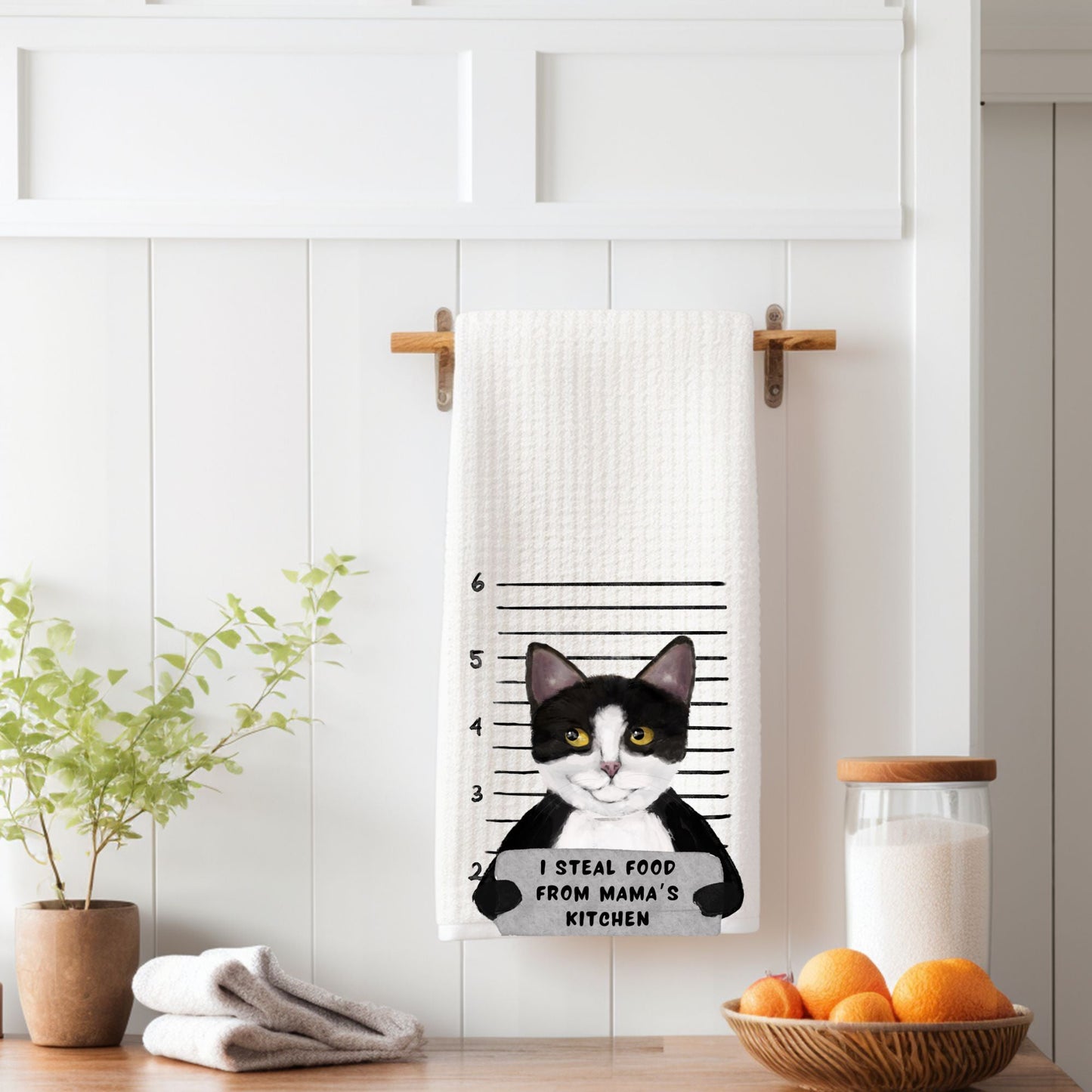 Personalized Tuxedo Cat Mugshot Kitchen Towel - MerikaArt