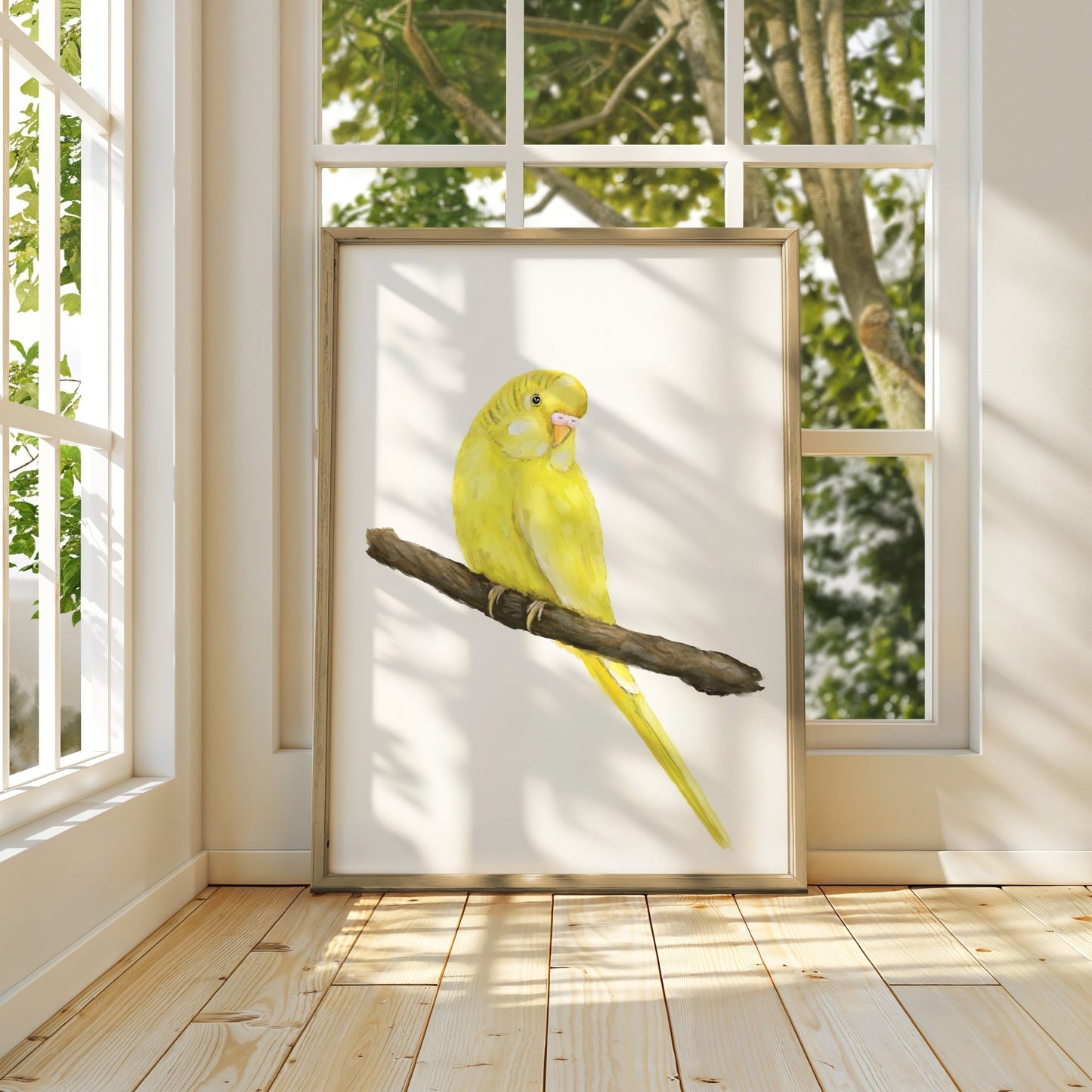 Personalized Yellow Budgie Wall Art Print – Bright Budgerigar Illustration for Bird Lovers - MerikaArt
