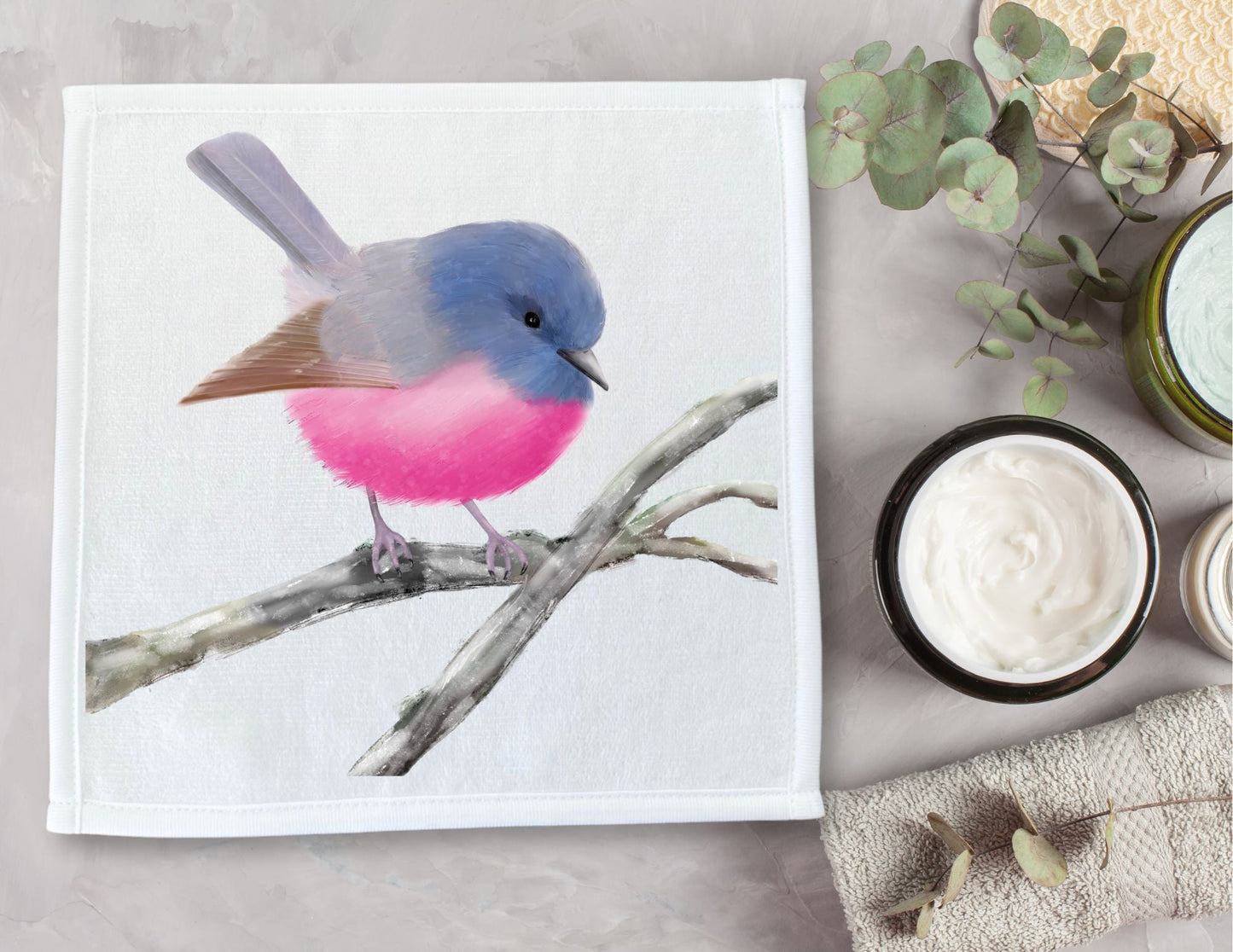 Pink and Blue Fairy Bird Washcloth – Vibrant Avian Beauty - MerikaArt