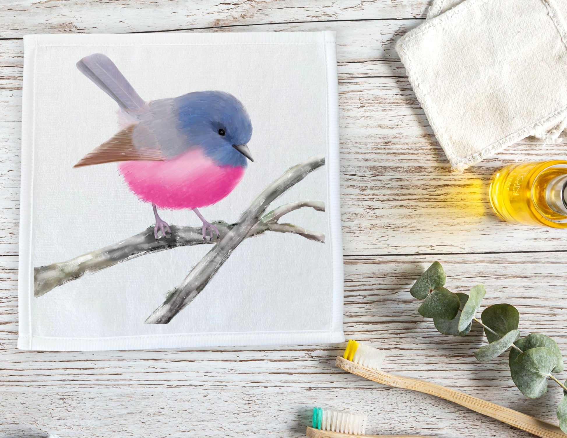 Pink and Blue Fairy Bird Washcloth – Vibrant Avian Beauty - MerikaArt