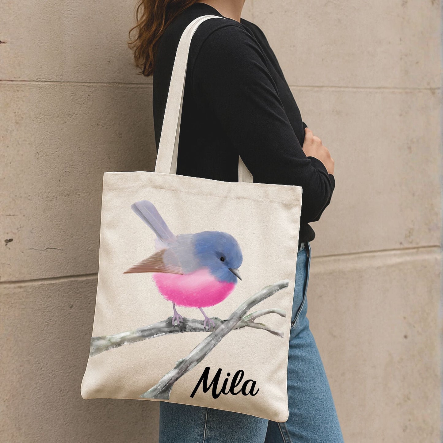 Pink and Blue Robin Canvas Tote Bag - MerikaArt