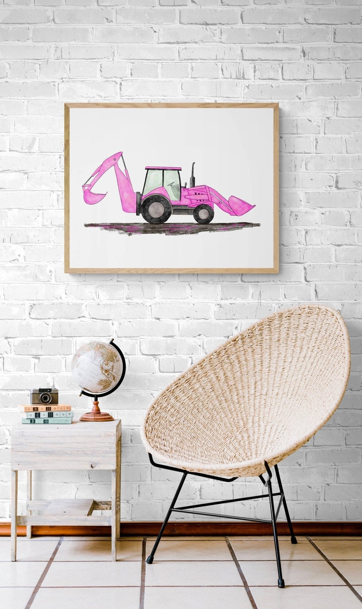 Pink Backhoe Wall Art, Backhoe Loader Painting, Girls Room Construction Print, Construction Vehicles Poster, Nursery Gift, Loader Excavator - MerikaArt
