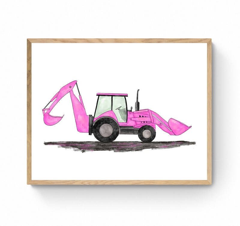 Pink Backhoe Wall Art, Backhoe Loader Painting, Girls Room Construction Print, Construction Vehicles Poster, Nursery Gift, Loader Excavator - MerikaArt