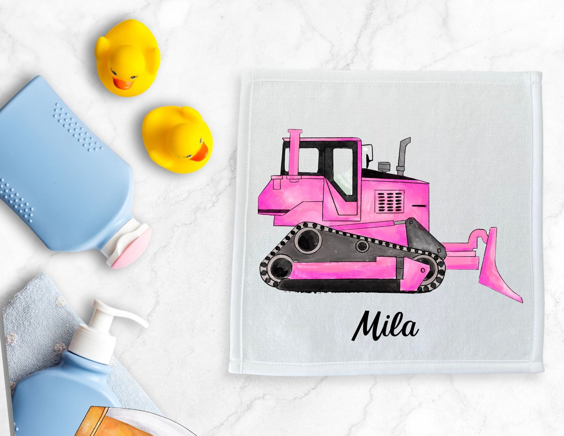Pink Bulldozer Washcloth - MerikaArt