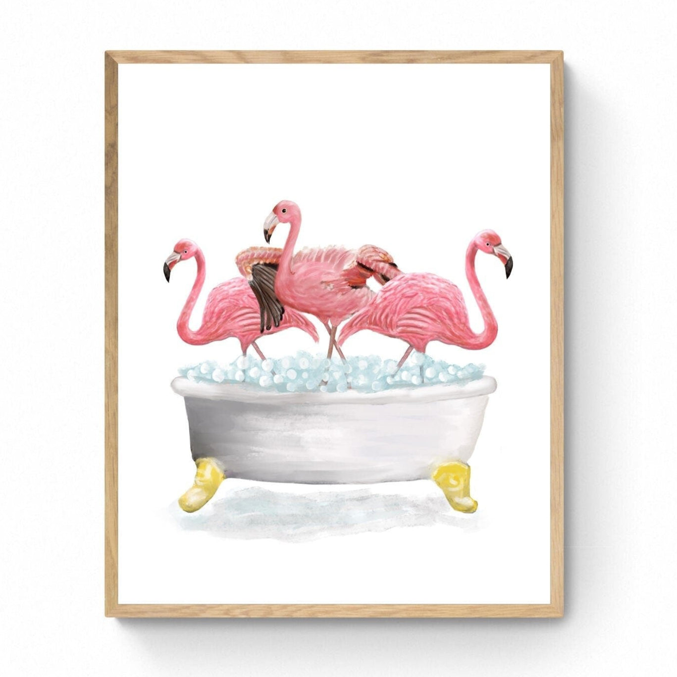 Pink Flamingo Bathing Print, Flamingo In Bathtub, Bathroom Wall Art, Wildlife Painting, Birds Relaxing In Bath Print, Flamingos in Tub - MerikaArt