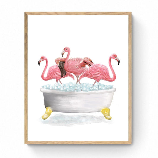 Pink Flamingo Bathing Print, Flamingo In Bathtub, Bathroom Wall Art, Wildlife Painting, Birds Relaxing In Bath Print, Flamingos in Tub - MerikaArt