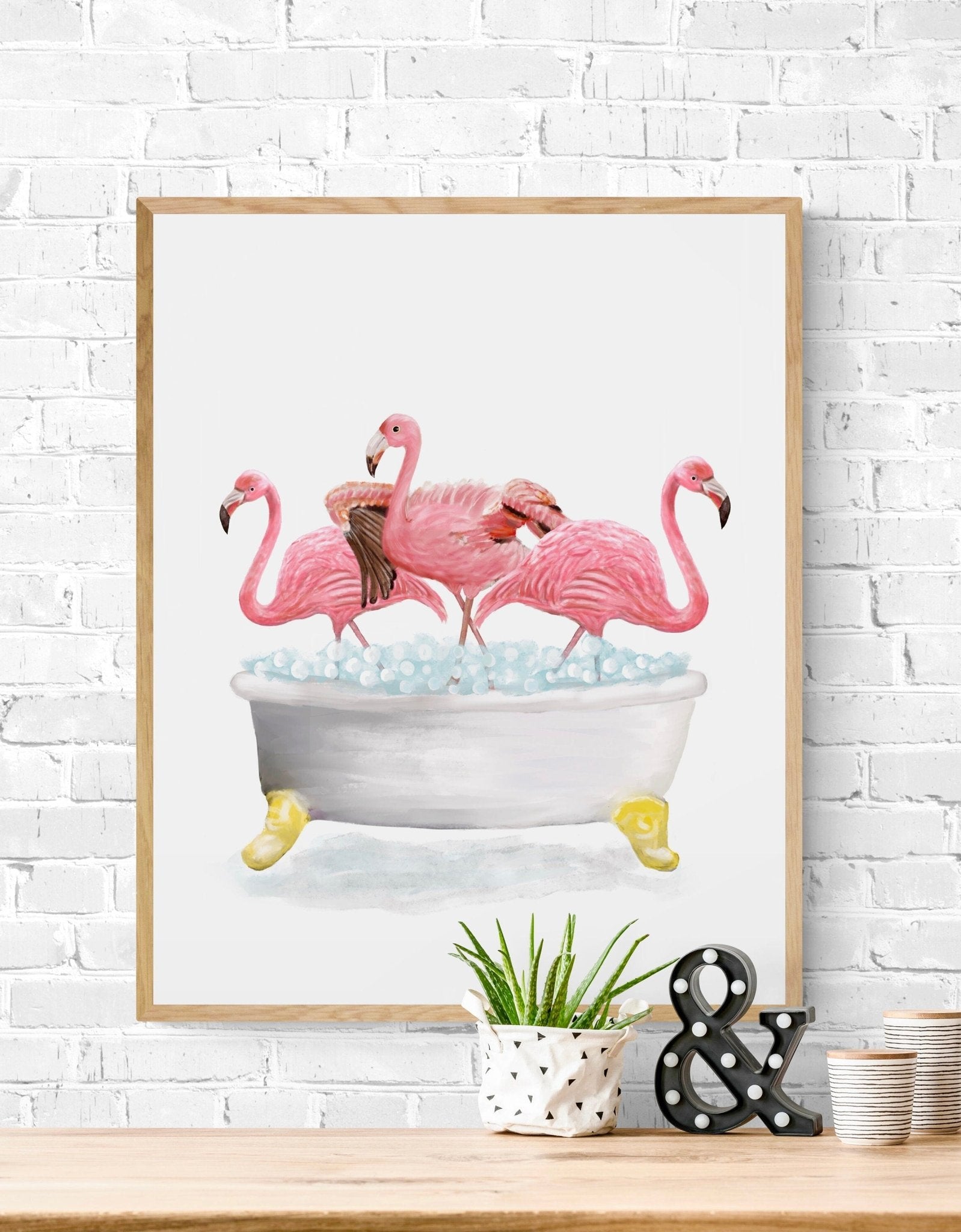 Pink Flamingo Bathing Print, Flamingo In Bathtub, Bathroom Wall Art, Wildlife Painting, Birds Relaxing In Bath Print, Flamingos in Tub - MerikaArt
