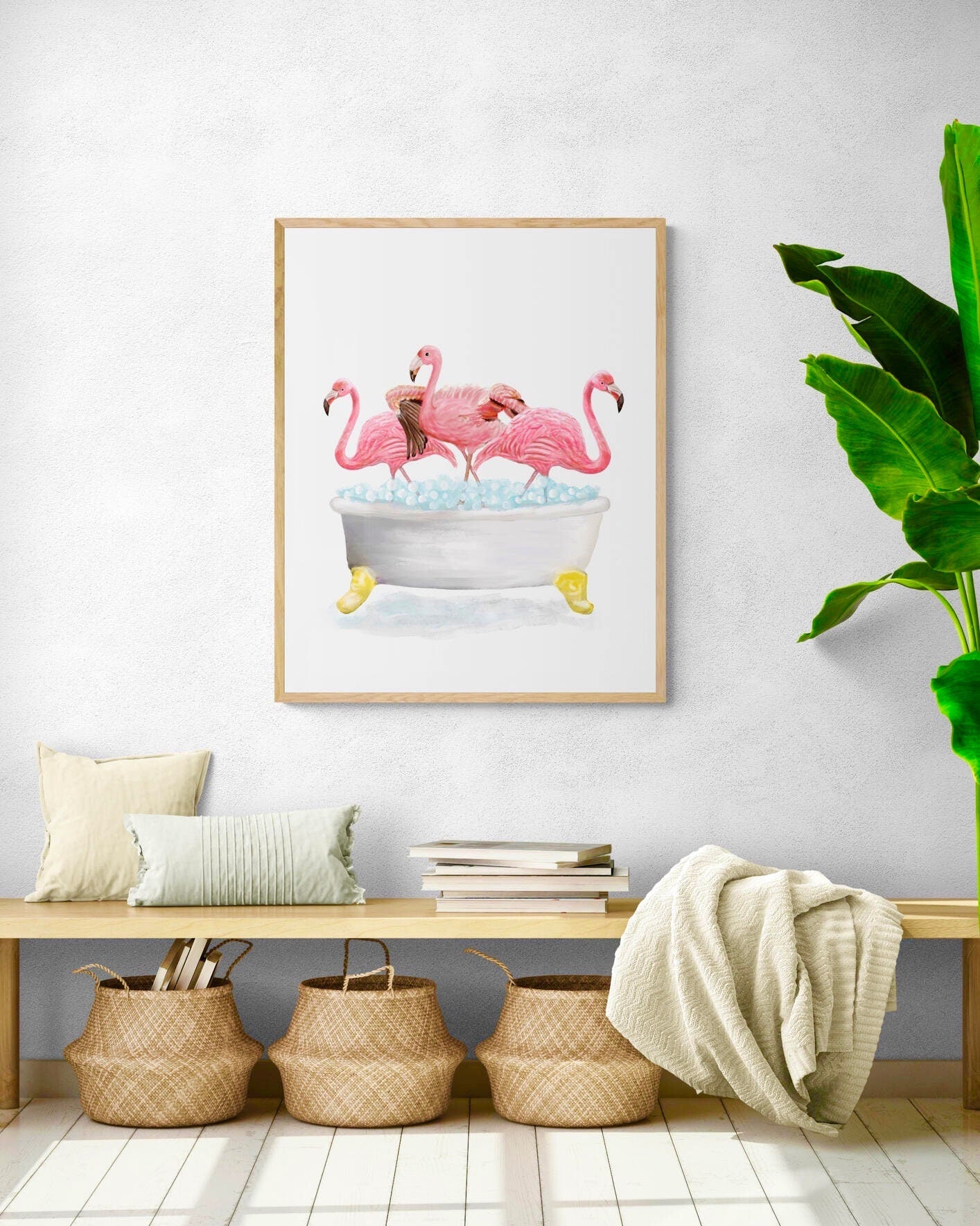 Pink Flamingo Bathing Print, Flamingo In Bathtub, Bathroom Wall Art, Wildlife Painting, Birds Relaxing In Bath Print, Flamingos in Tub - MerikaArt