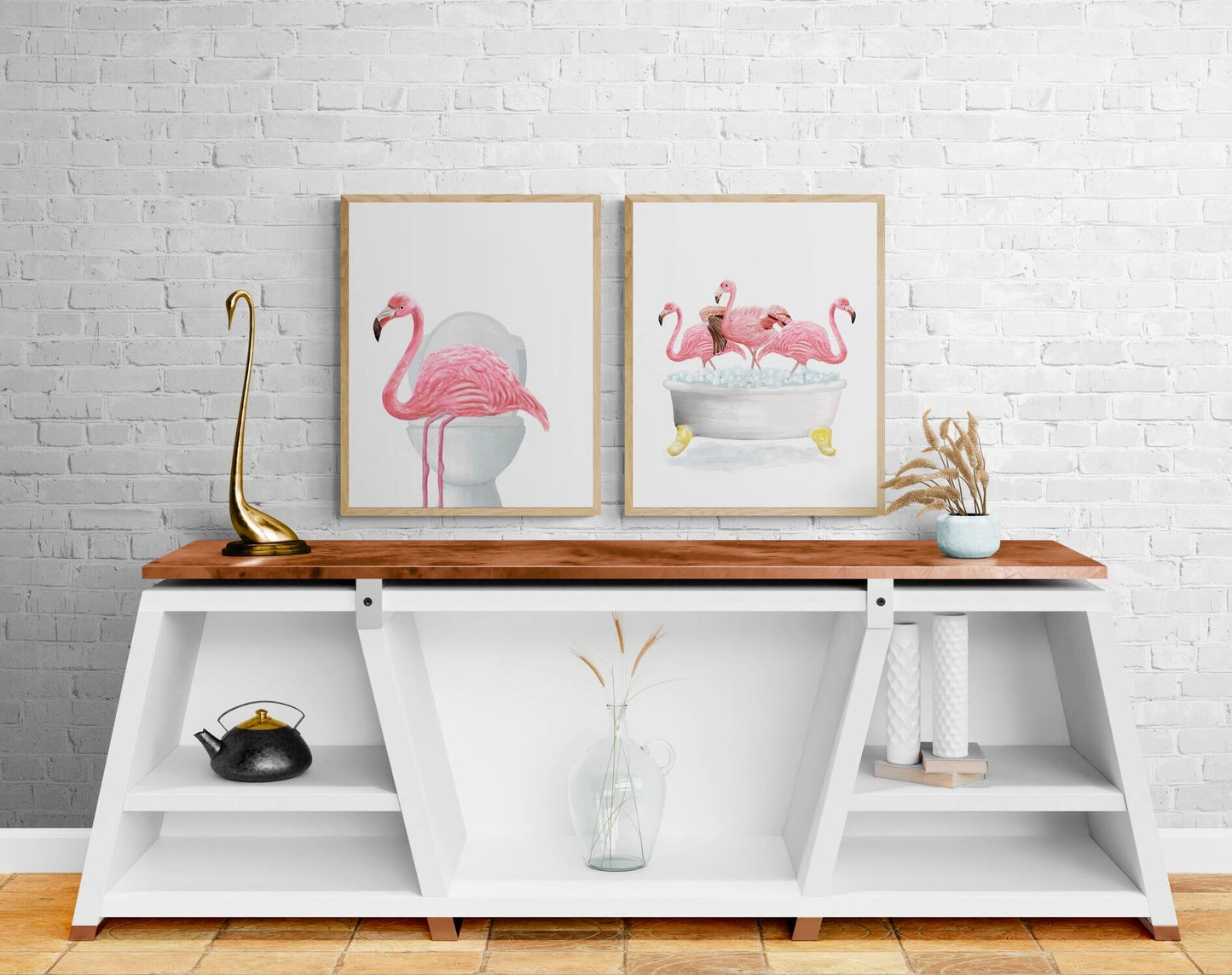 Pink Flamingo In Bath Set of 2 Print, Flamingo In Bathtub, Bathroom Wall Art, Wildlife Painting, Flamingo on Toilet Print, Flamingos in Tub - MerikaArt