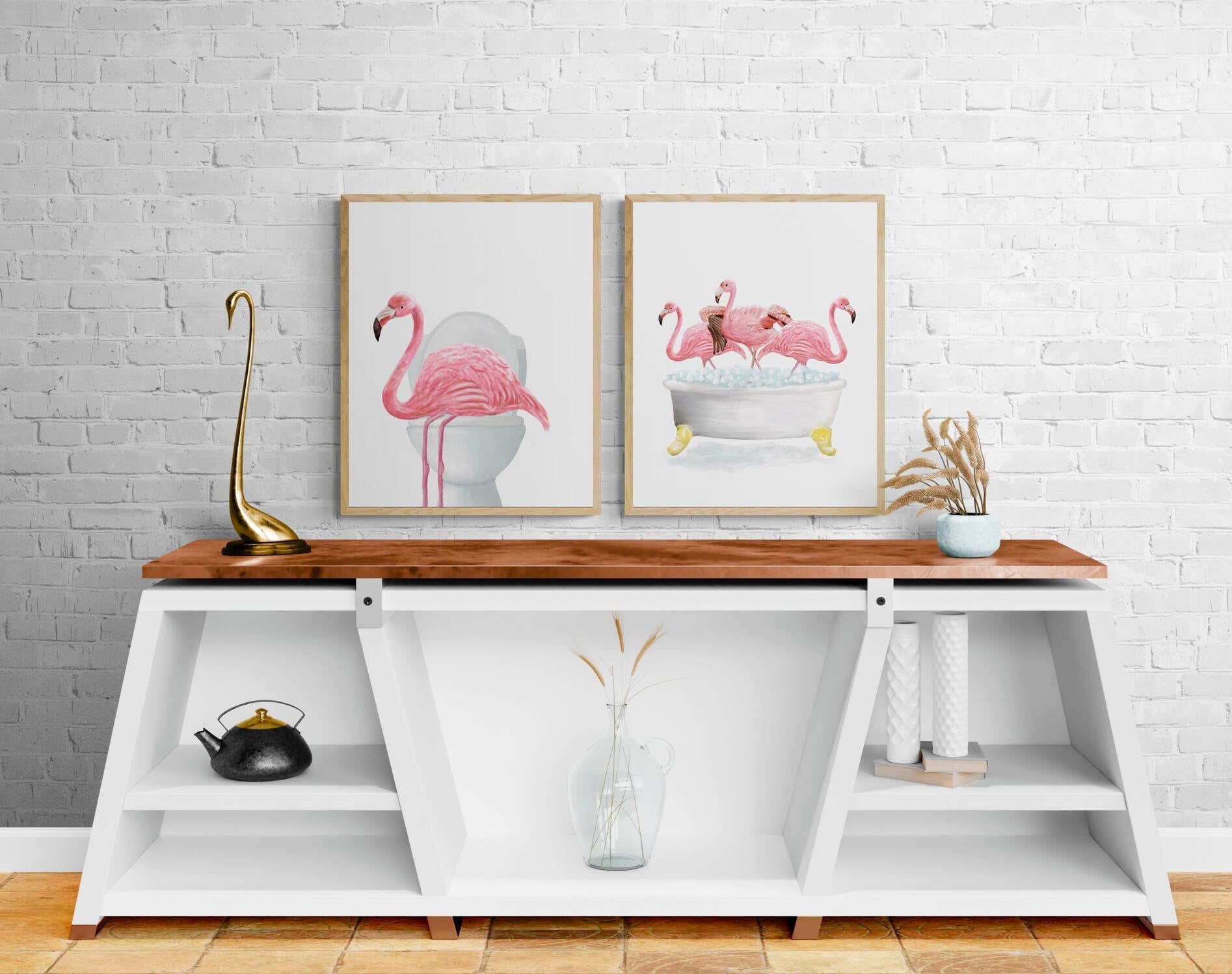 Pink Flamingo In Bath Set of 2 Print, Flamingo In Bathtub, Bathroom Wall Art, Wildlife Painting, Flamingo on Toilet Print, Flamingos in Tub - MerikaArt