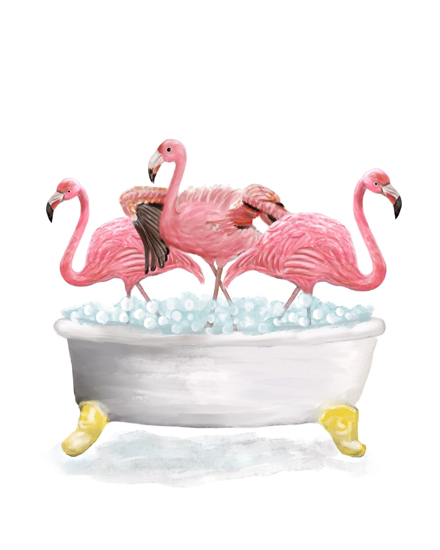 Pink Flamingo In Bath Set of 2 Print, Flamingo In Bathtub, Bathroom Wall Art, Wildlife Painting, Flamingo on Toilet Print, Flamingos in Tub - MerikaArt