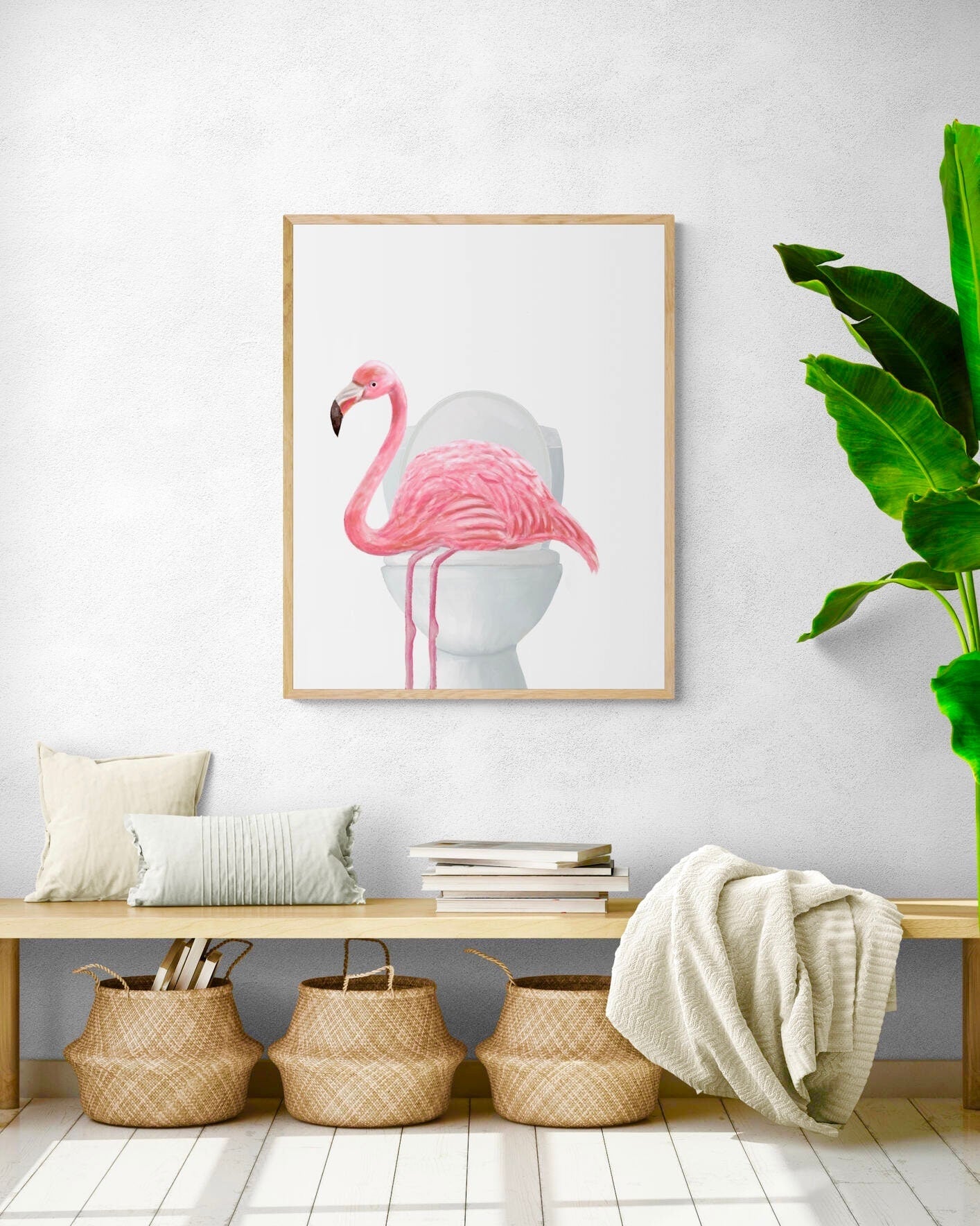 Pink Flamingo On Toilet Print, Flamingo In Bathroom, Animal Bathroom Wall Art, Wildlife Painting, Flamingo In Bath Print - MerikaArt
