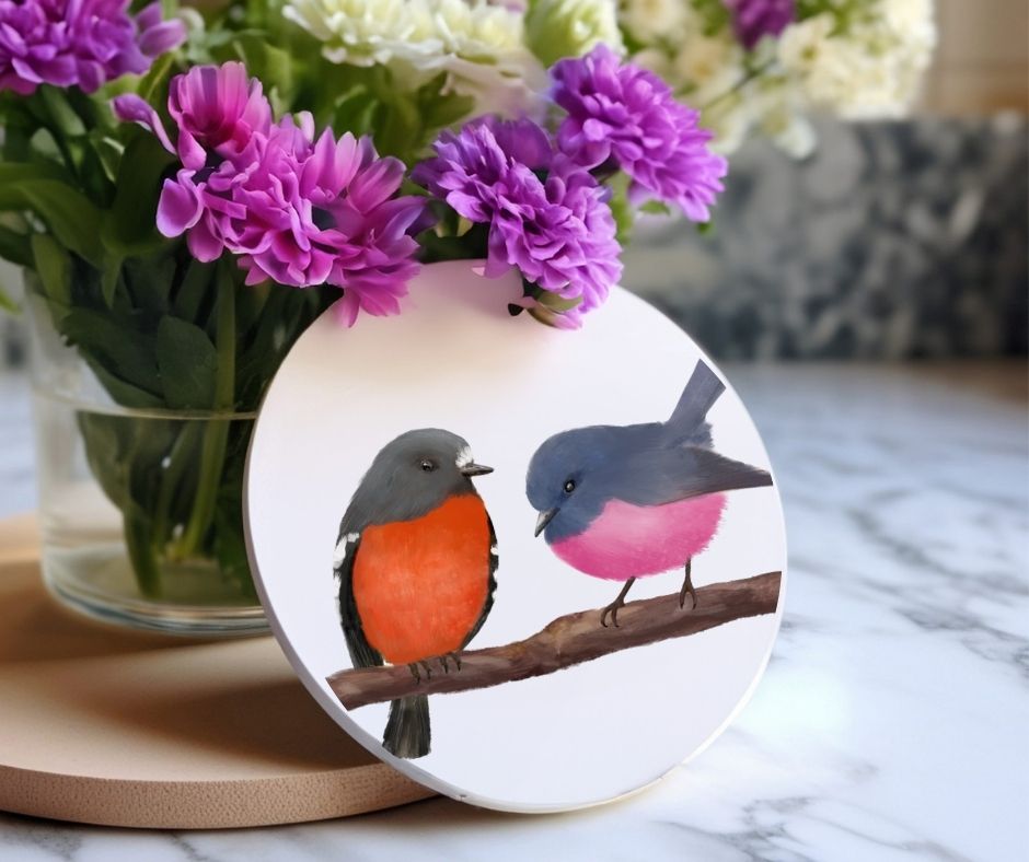 Pink Robin Pair Ceramic Coaster - MerikaArt