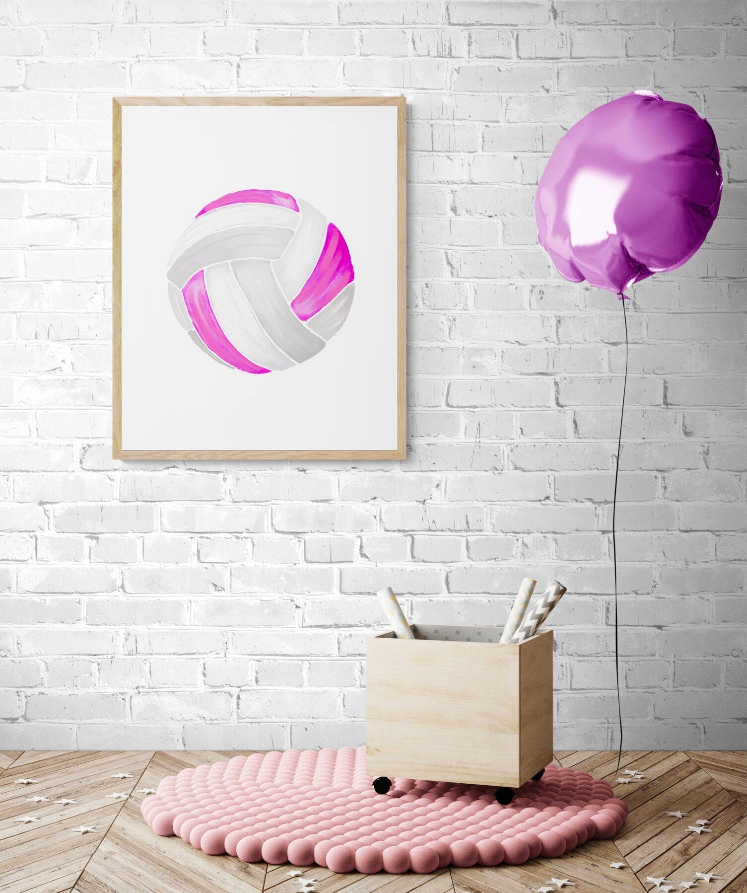Pink Volleyball Print, Sport Painting, Girls Room Pink Wall Art, Girls Volleyball Print, Kids Wall Art, Nursery Decor, Sports Lover Drawing - MerikaArt