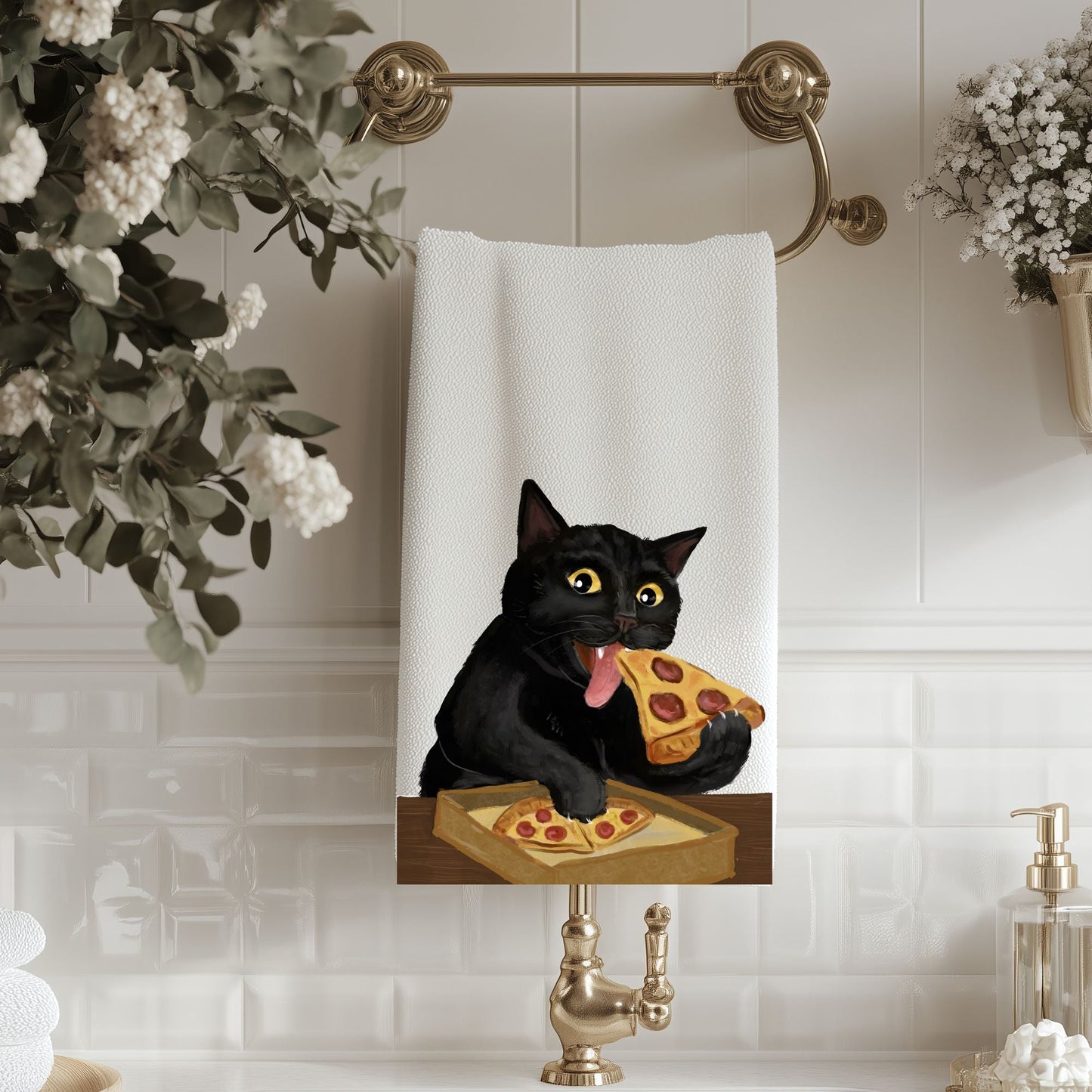 Pizza Black Cat Bathroom Towel - MerikaArt
