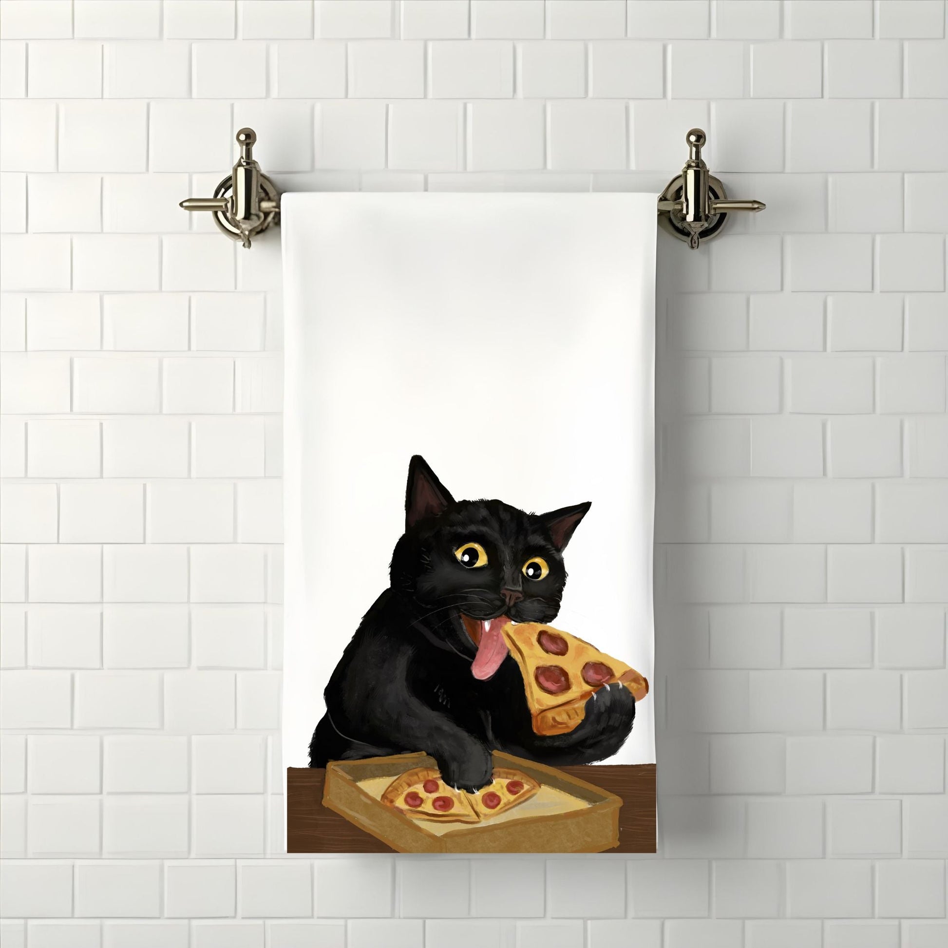 Pizza Black Cat Bathroom Towel - MerikaArt
