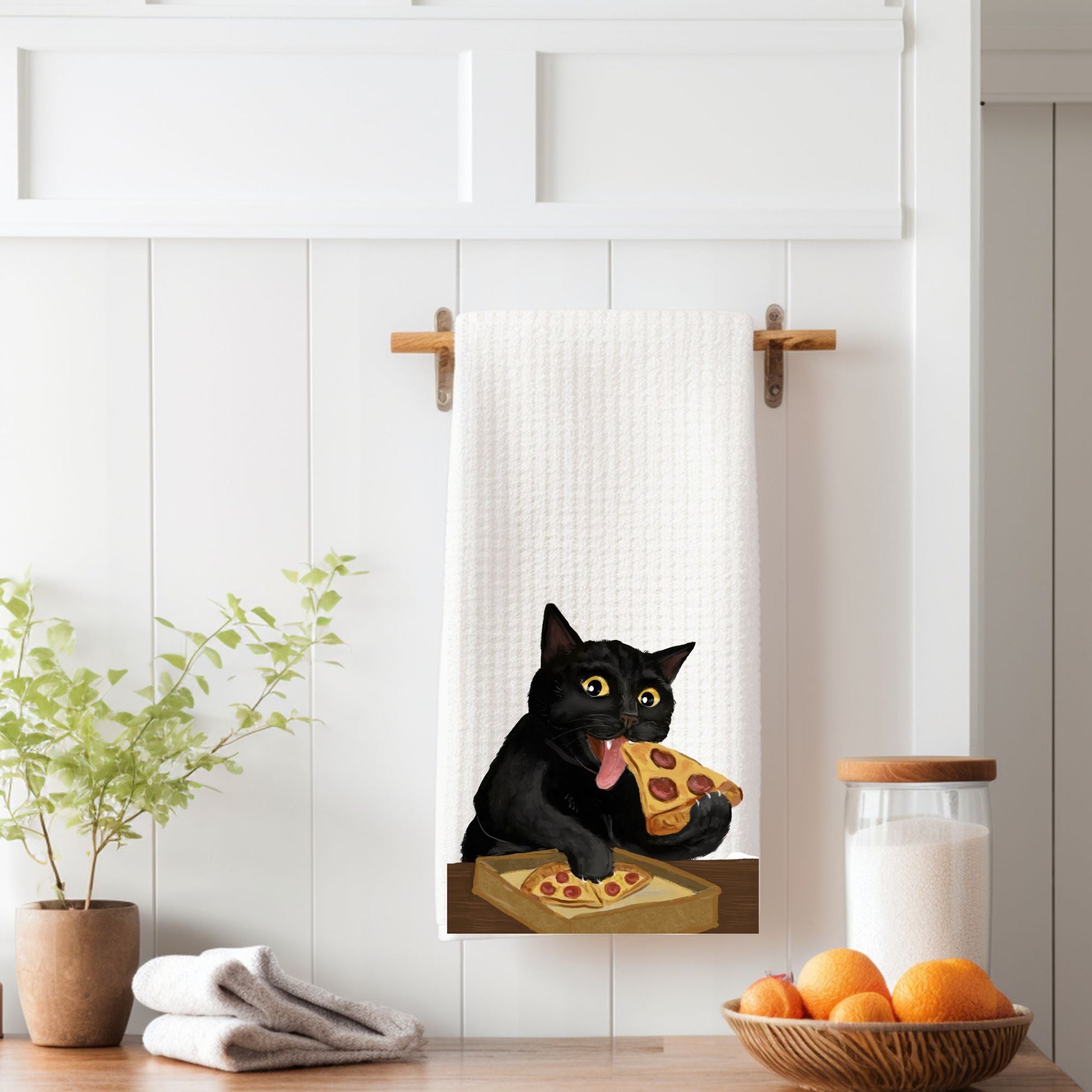 Pizza Cat Waffle Weave Kitchen Towel - MerikaArt