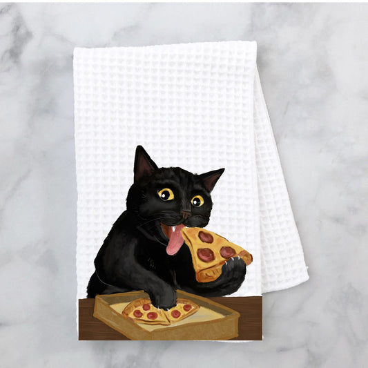 Pizza Cat Waffle Weave Kitchen Towel - MerikaArt
