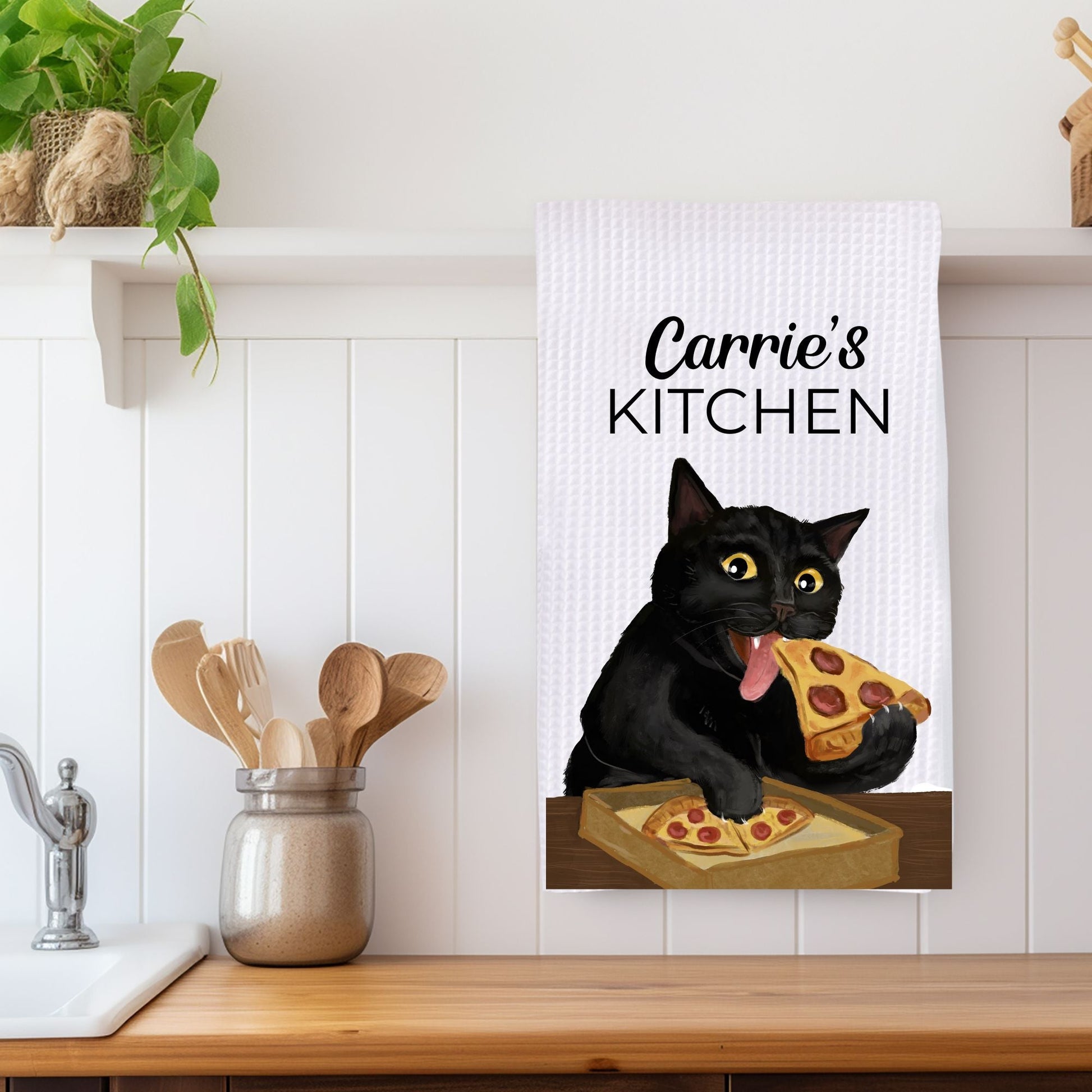 Pizza Cat Waffle Weave Kitchen Towel - MerikaArt