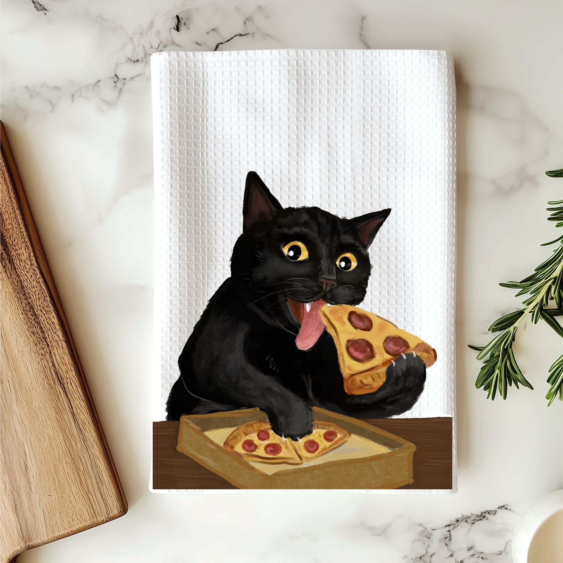 Pizza Cat Waffle Weave Kitchen Towel - MerikaArt