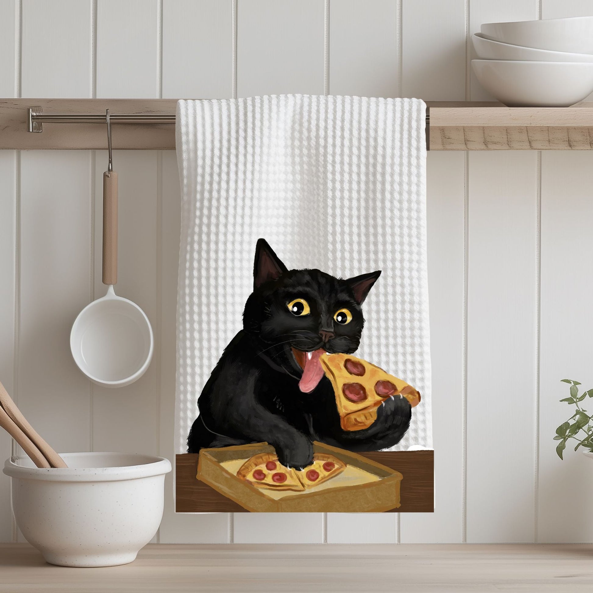 Pizza Cat Waffle Weave Kitchen Towel - MerikaArt