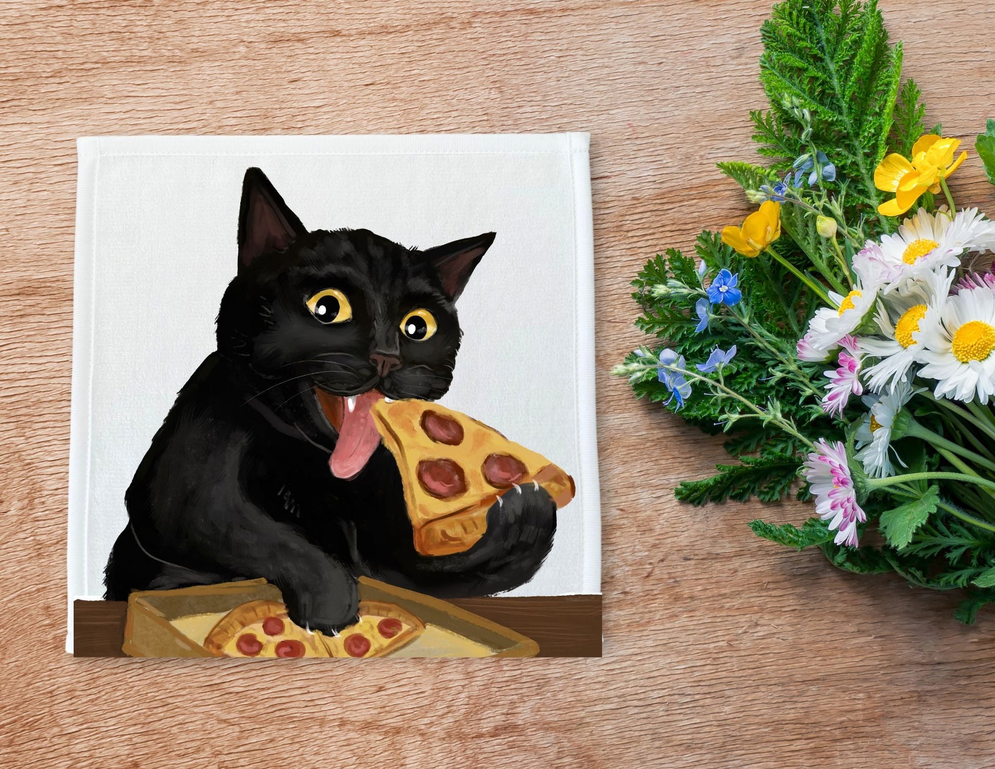 Pizza Lover Black Cat Washcloth - MerikaArt
