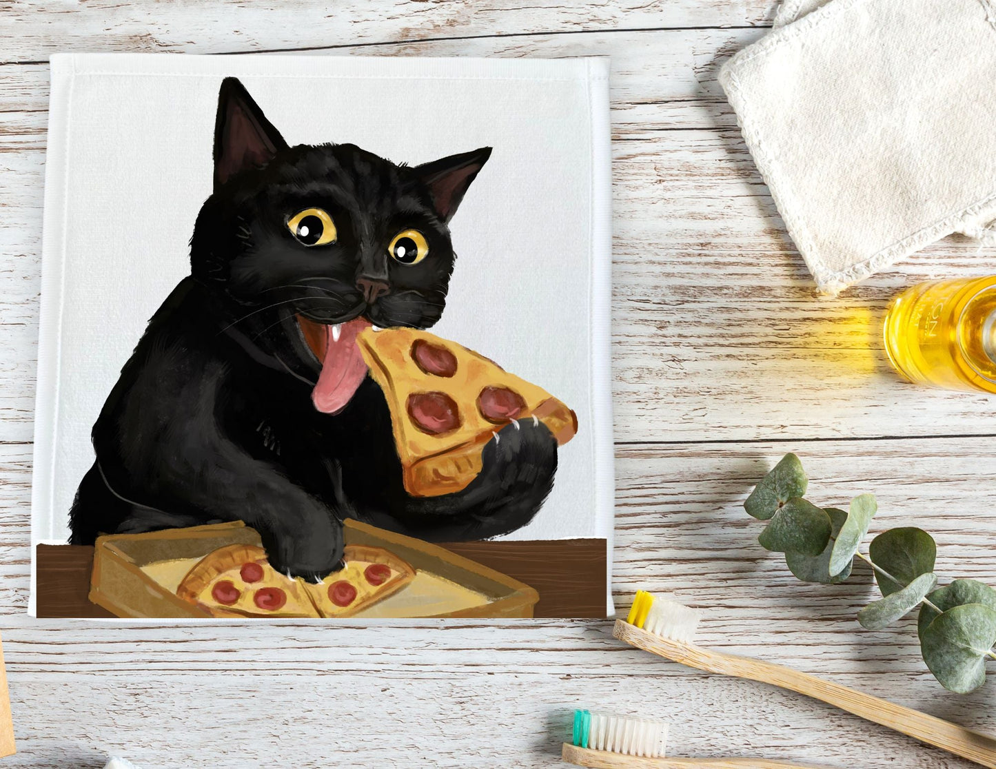 Pizza Lover Black Cat Washcloth - MerikaArt