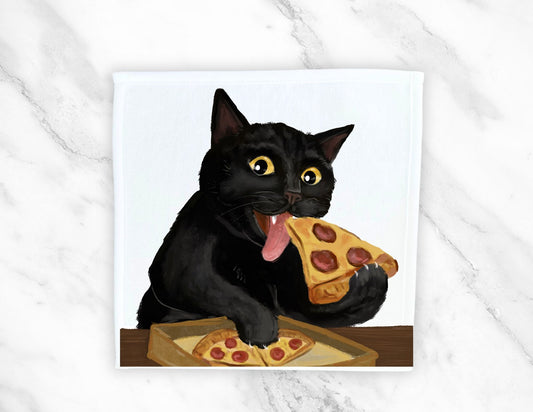 Pizza Lover Black Cat Washcloth - MerikaArt